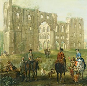 Reiter pausieren bei den Ruinen der Rievaulx Abbey