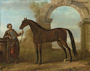 Der Godolphin Araber, gehalten von einem Stallburschen, in einer Landschaft mit einer Ruinenbogen, 1731