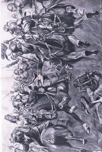 Marston Moor, 2. Juli 1644: Die schottische Kavallerie unter Leslie greift Prinz Ruperts Flanke an, Illustration aus British Battles on Land and Sea, 1915
