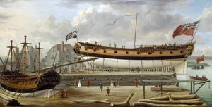 Ein Sechstratenschiff der britischen Royal Navy im Trockendock, wahrscheinlich in der Werft von Rotherhite an der Südbank der Themse