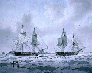 Die Schiffe der Expedition von Lord Mulgrave, eingebettet im Eis in den Polarregionen