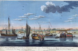 Ansicht der königlichen Docks in Woolwich, am linken Ufer der Themse (England), in der Grafschaft Kent. Farbradierung von John Clevely dem Jüngeren (1747-1786) von John the Younger Cleveley