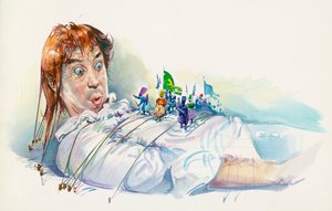Lemuel Gulliver von den Lilliputanern gefangen, aus Gullivers Reisen, Roman von Jonathan Swift von Jonathan Swift