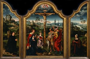 Triptychon: Die Kreuzigung mit Stifter und seiner Frau von Joos van Cleve
