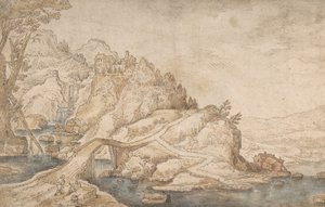 Hügelige Landschaft mit Fluss, Brücke und Häusern mit zwei Figuren links, spätes 16. bis mittleres 17. Jahrhundert von Joos de Momper the Younger.
