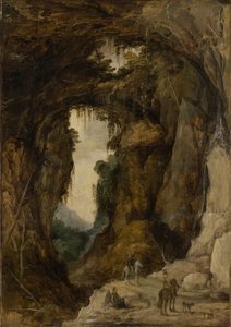 Landschaft mit Grotte und Reiter