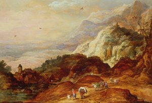 Gebirgslandschaft mit Figuren und Maultieren von Joos or Josse de Momper