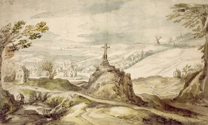 Gebirgslandschaft mit einem Kreuz
