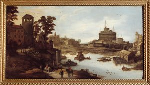 Ansicht des Tibers und der Engelsburg in Rom. Ein Haus auf Stelzen rechts. Gemälde von Josse Momper II (1564-1635), 17. Jahrhundert. Châlons-sur-Marne, Stadtmuseum von Joos or Josse de The Younger Momper