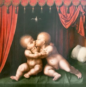 Heilige Kinder Johannes der Täufer und Christus umarmen sich von Joos van Cleve