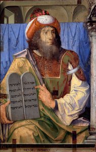 Porträts berühmter Männer: Moses und Gesetzestafeln. Gemälde von Joos van Wassenhove. Museo Nazionale von Joos van Gent (fl.1460 75)
