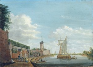 Eine Flusslandschaft mit eleganten Stadtbewohnern, die an einer Stadtmauer spazieren gehen, ca. 1776 von Jordanus Hoorn