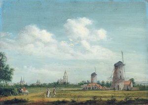 Ein Blick auf Arnhem mit der St. Walburgskerk links und der Grote Kerk rechts, elegante Stadtbewohner spazieren in der Nähe, 1776 von Jordanus Hoorn