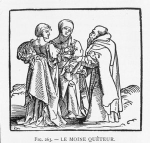 Der Quetter-Mönch: Holzschnitt von Jörg Breu, der den Titel eines Heftes im Geiste der Reformation bildet, das um 1522 in Augsburg veröffentlicht wurde: „Freundliches Gespräch zwischen einem Karmeliter aus der Provinz Österreich und einer Magd“ von Jorg II Breu