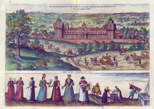 Ankunft von Königin Elizabeth I. im Nonesuch Palace und Männer und Frauen aus der Tudor-Gesellschaft, 1598