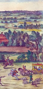 Höflinge und Jagdhunde begleiten die Ankunft von Königin Elizabeth I. im Nonsuch Palace, 1598 (Detail) von Joris Hoefnagel
