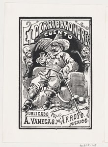 Ein Mann mit Waffen und einer Pfeife im Mund, flankiert von zwei Skeletten, Illustration..., ca. 1880-1910 von José Guadalupe Posada