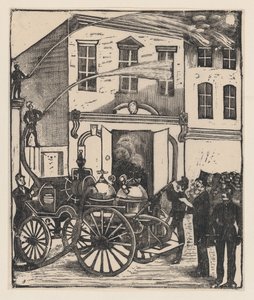 Feuerwehrleute löschen ein Feuer in einem Haus, Feuerwehrauto im Vordergrund, ca. 1880-1910 von José Guadalupe Posada