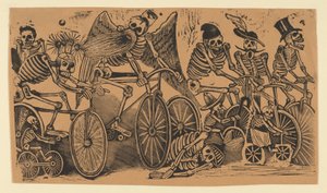 Skelette calaveras auf Fahrrädern, ca. 1900