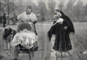 Im Tuileriengarten in Paris - Der Kontrast - Gravur nach dem Gemälde von Jose Villegas Cordero (1844-1921)