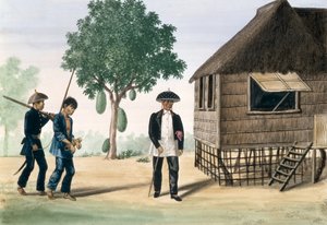 Ein Gefangener, der von einem Polizisten und einem Ratsherrn abgeführt wird, aus "The Flebus Album of Views In and Around Manila", ca. 1845