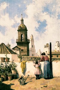 Dachterrasse in Cadiz. Eine Mutter und Tochter gießen wahrscheinlich die Pflanzen mit der Gießkanne in der Mitte der Terrasse. Gemälde von Jose Perez Siguimboscum (19. Jahrhundert), Ende 19. Jahrhundert. Öl auf Leinwand. Cadiz, Museo Provincial de Cadiz.