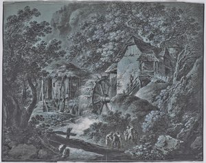 Mühle in Waldlandschaft mit mehreren Personen und einem Riesen von Josef Abel