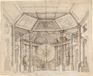 Bühnenbild für einen Kuppeltempel-Innenraum mit einer Sonnenscheibe über dem Altar