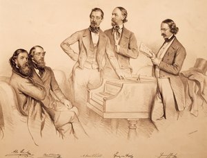 Gruppenporträt von Wiener Musikern und Komponisten: Franz von Suppé, Carl Binder, Anton Storch, Heinrich Proch und Anton Emil Titl, Lithographie von Josef Kriehuber