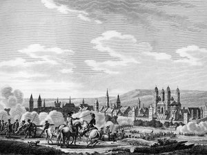 Eroberung der Stadt Speyer im Oktober 1792. Gravur von Berthaut nach Swebach. Paris, Bibliothek des Instituts für Revolutionsgeschichte