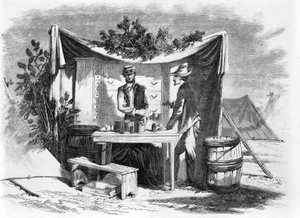 Lagerszenen - eine Armeedrogerie - der Krankenhausverwalter, nach einer Skizze unseres Spezialkünstlers Joseph Becker, veröffentlicht 1864 von Joseph Becker