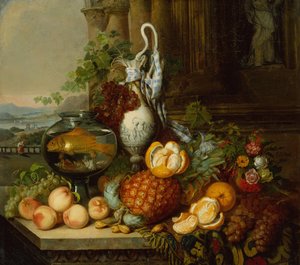 Stillleben mit Früchten, Fischglas und Landschaft von Joseph Biays Ord