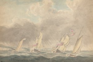 Zwei Kriegsschiffe, eine Bark und ein Schoner (?), Heck voraus, in schwerer See; mehrere Segelschiffe im Hintergrund von Joseph Cartwright