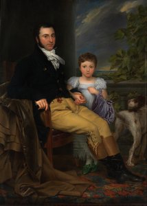 Porträt eines prominenten Gentlemans mit seiner Tochter und einem Jagdhund
