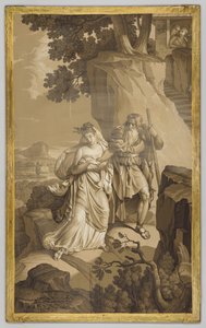 Tapete, Paneel, mit Darstellung aus Les Amours de Psyche: Psyche auf in Felsen gehauener Treppe, in Grisailletönen von Joseph Dufour
