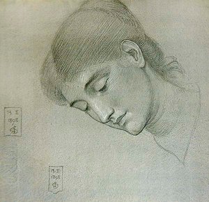 Kopfstudie eines nach unten blickenden Mädchens von Joseph Edward Southall