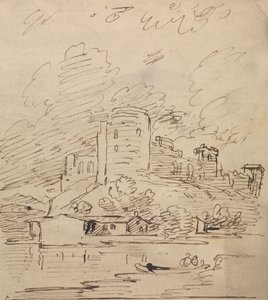 Schloss mit einem runden Turm über einem Fluss