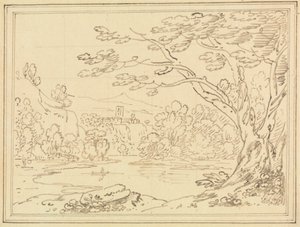 Landschaft mit Bäumen an einem See von Joseph Farington