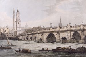 Ansicht der London Bridge, einschließlich der Kirche St. Magnus und des Monuments, graviert von J.C. Stadler von Joseph Farington