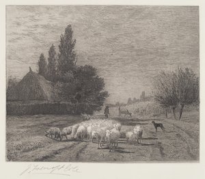 Dorfstraße in Frankreich mit einer Schafherde von Joseph Foxcroft Cole