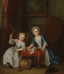 Zwei Kinder der Nollekens-Familie, wahrscheinlich Jacobus und Maria Sophia, spielen mit einem Kreisel und Spielkarten, 1745