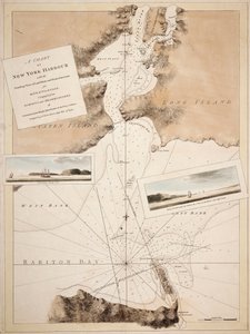 Karte des New Yorker Hafens mit Tiefenmessungen, Landansichten und nautischen Anweisungen für die Navigation