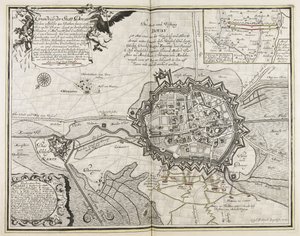 Grundriss der Stadt Douay mit dem ungefähr 800 Ruthen davon entfernten Fort an der Escarpe, liegt in der Grafschaft Flandern, 7 Meilen von Rissel, 6 von Dornik und 6 von Camerich, hat eine mittelmäßige Landvogtei und ist mit vielen schönen Kirchen von Joseph Friedrich Leopold