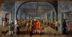 Wetter Brothers Indian Fabric Factory. Links, Herr und Frau Jean Rodolphe Wetter reich gekleidet. In der Mitte präsentiert ein Arbeiter eine Druckplatte dem Fabrikleiter Pierre Pignet, hinter ihnen die Arbeiter bei der Arbeit.