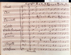 Erste Seite der Partitur des Menuetts in Sinfonie 66 in B-Dur von J. Haydn