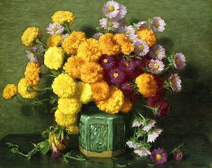 Ringelblumen und Astern in einer chinesischen Vase von Joseph Henry Sharp