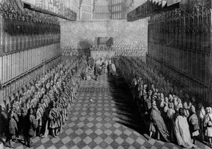 Prinz Wilhelm bietet dem Dekan sein Schwert an, am Altar, die Ritter stehen unter ihren Bannern, veröffentlicht 1730, graviert von J. Pine
