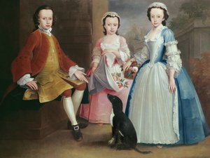 Sara, Anna und Evan Davies mit ihrem Hund von Joseph Highmore