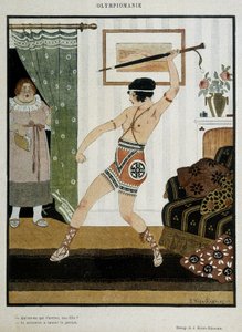 Junges Mädchen im antiken Kostüm trainiert, einen Speer mit einem Regenschirm zu werfen. Fantasieplakat, das die Begeisterung der Olympiaden illustriert. Zeichnung von J. Kuhn Regnier um 1920.