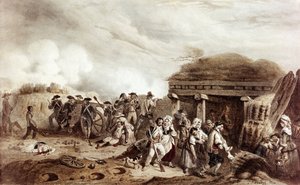 Kampf von Bastan: Die Franzosen unter General Moncey gegen die Spanier. Die Konfrontation fand am 24. Juli im Bastan-Tal statt von Joseph Louis Hippolyte Bellange